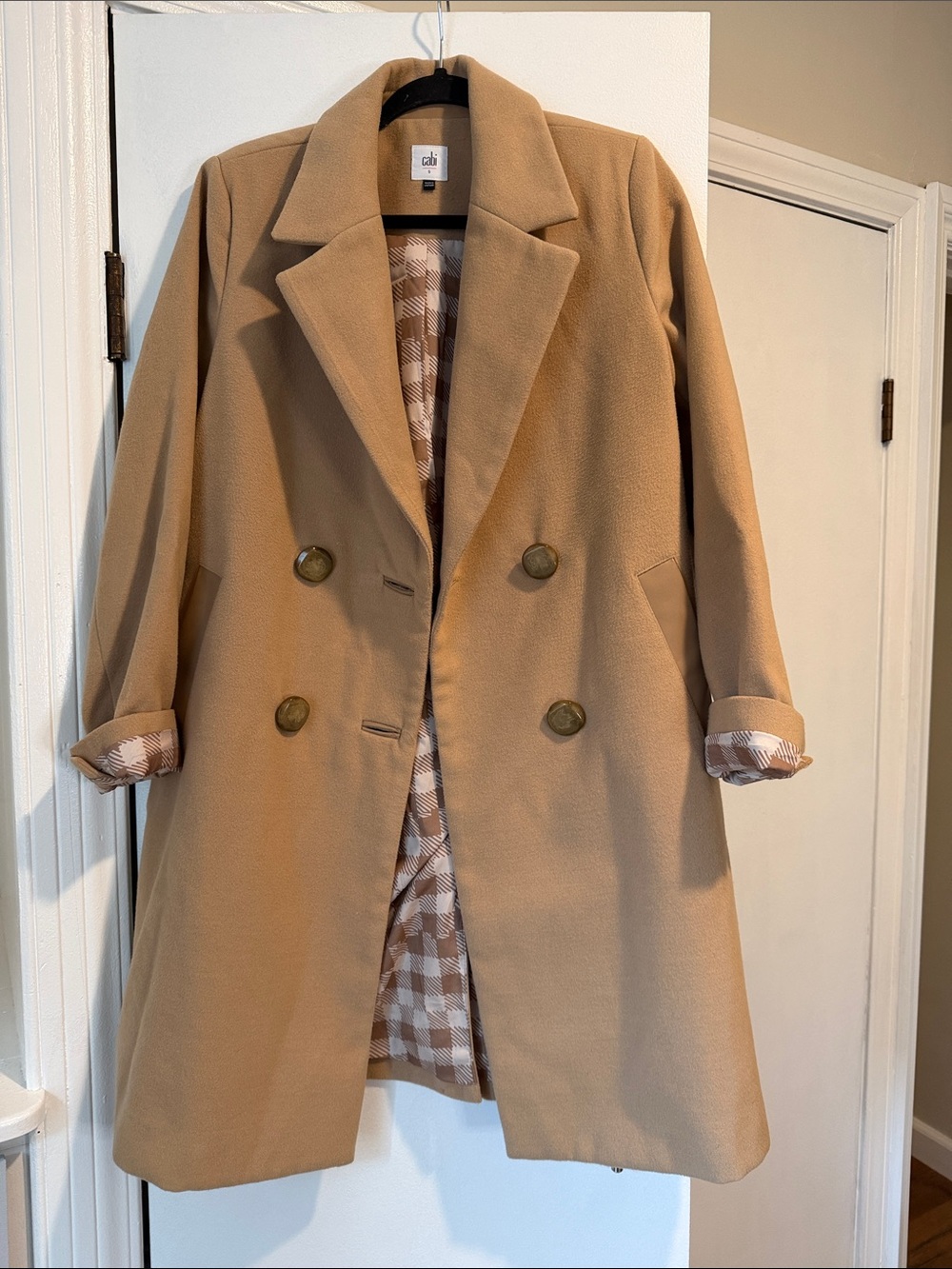 CAbi Camel Trench Coat with Plaid Lining